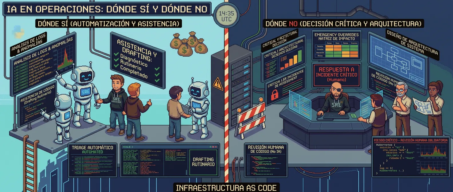 Ilustración de la IA en operaciones, dividida por una barrera: a la izquierda, «dónde sí», robots con la sudadera SRE analizan logs, asisten con código y preparan borradores junto al equipo; a la derecha, «dónde no», un ingeniero con parche en el ojo lleva la respuesta a un incidente crítico mientras sus compañeros revisan el diseño de arquitectura y el código sin IA
