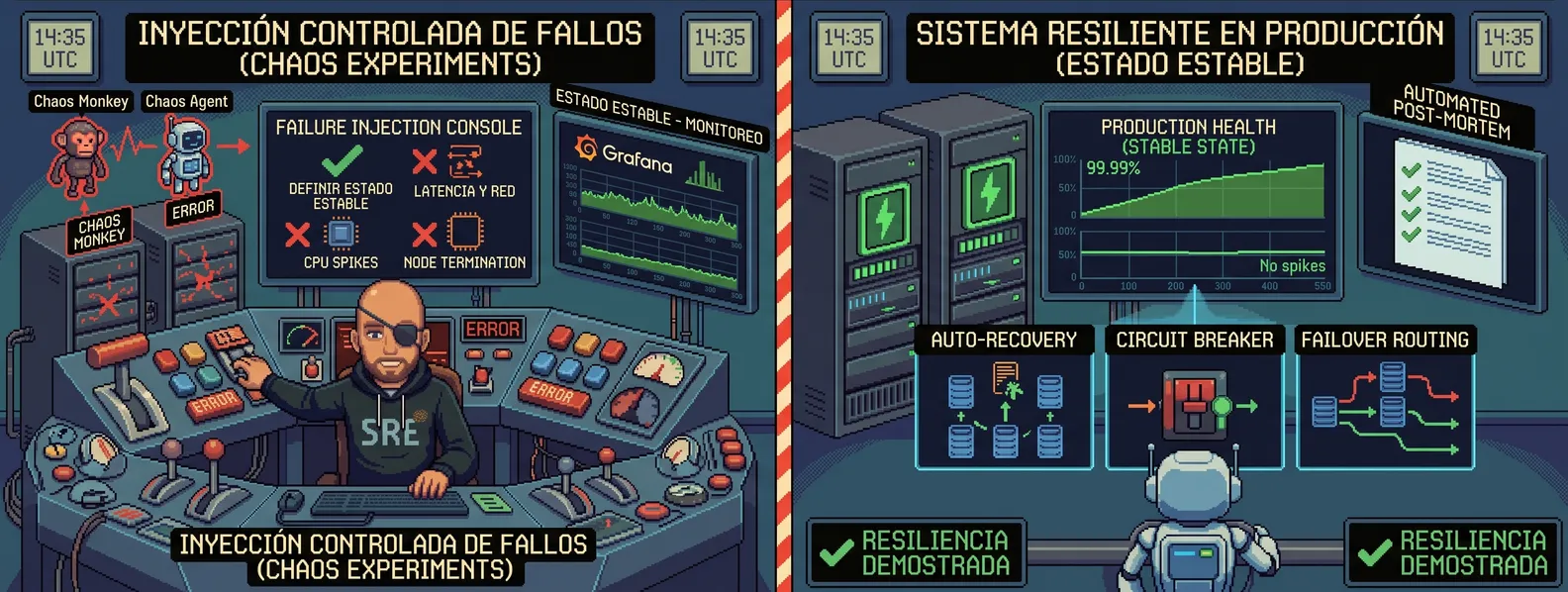 Ilustración titulada «Chaos engineering: resiliencia de sistemas», partida en dos: a la izquierda, un ingeniero con parche en el ojo inyecta fallos controlados desde una consola, con un mono del caos, latencia, picos de CPU y terminación de nodos; a la derecha, el sistema de producción sigue estable gracias a la autorrecuperación, un circuit breaker y el failover, y un post-mortem automático confirma la resiliencia