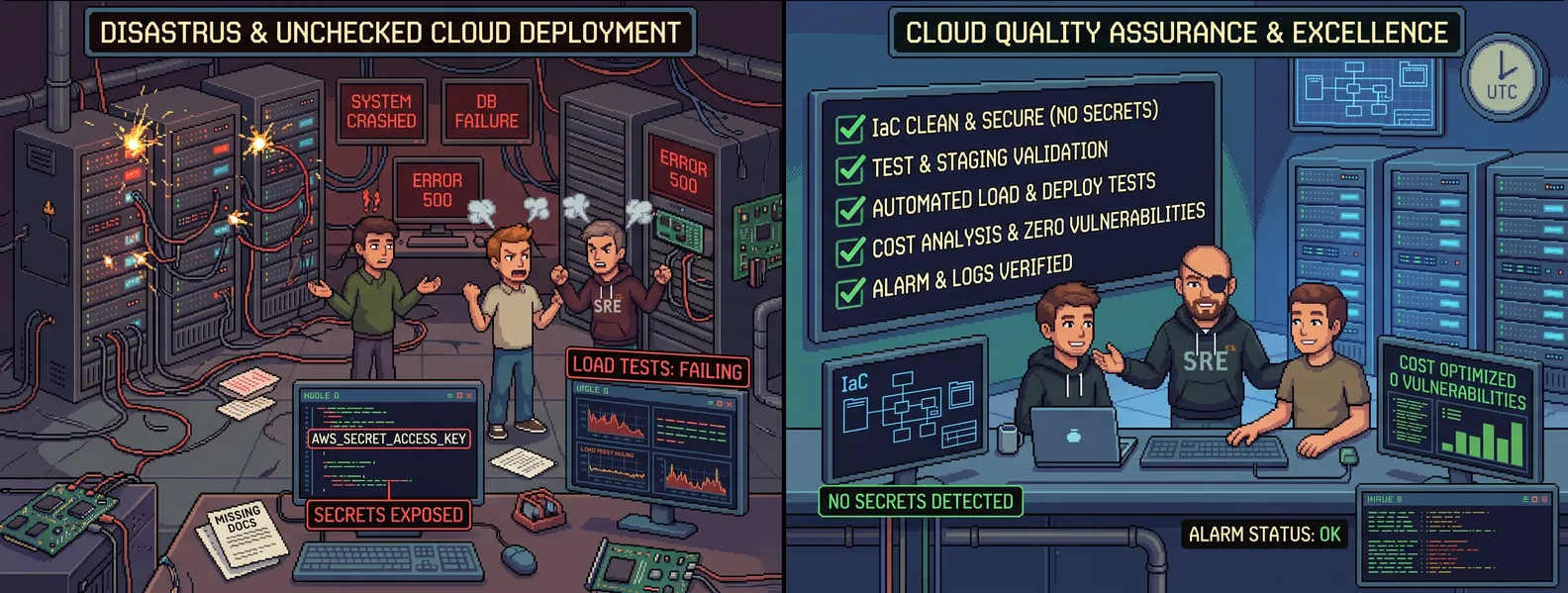 Ilustración partida en dos sobre el control de calidad de plataformas cloud: a la izquierda, un despliegue sin control, con servidores echando chispas, carteles de error 500, sistema caído y fallo de base de datos, una clave de AWS expuesta, pruebas de carga fallando y el equipo discutiendo; a la derecha, un ingeniero con parche en el ojo y su equipo trabajan tranquilos ante una lista de comprobación en verde: IaC limpia y sin secretos, validación en staging, pruebas de carga y despliegue automatizadas, análisis de costes sin vulnerabilidades y alarmas y logs verificados