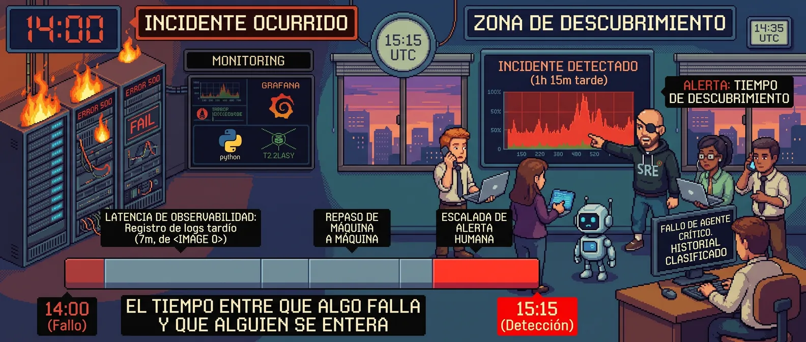 Ilustración del gap de detección: a las 14:00 varios servidores arden con ERROR 500 y FAIL mientras el panel de monitorización no avisa; a las 15:15, en la zona de descubrimiento, un ingeniero con parche en el ojo señala la gráfica de «incidente detectado (1h 15m tarde)» ante su equipo al teléfono; abajo, una línea de tiempo marca la latencia de observabilidad, el repaso máquina a máquina y la escalada humana entre el fallo y la detección