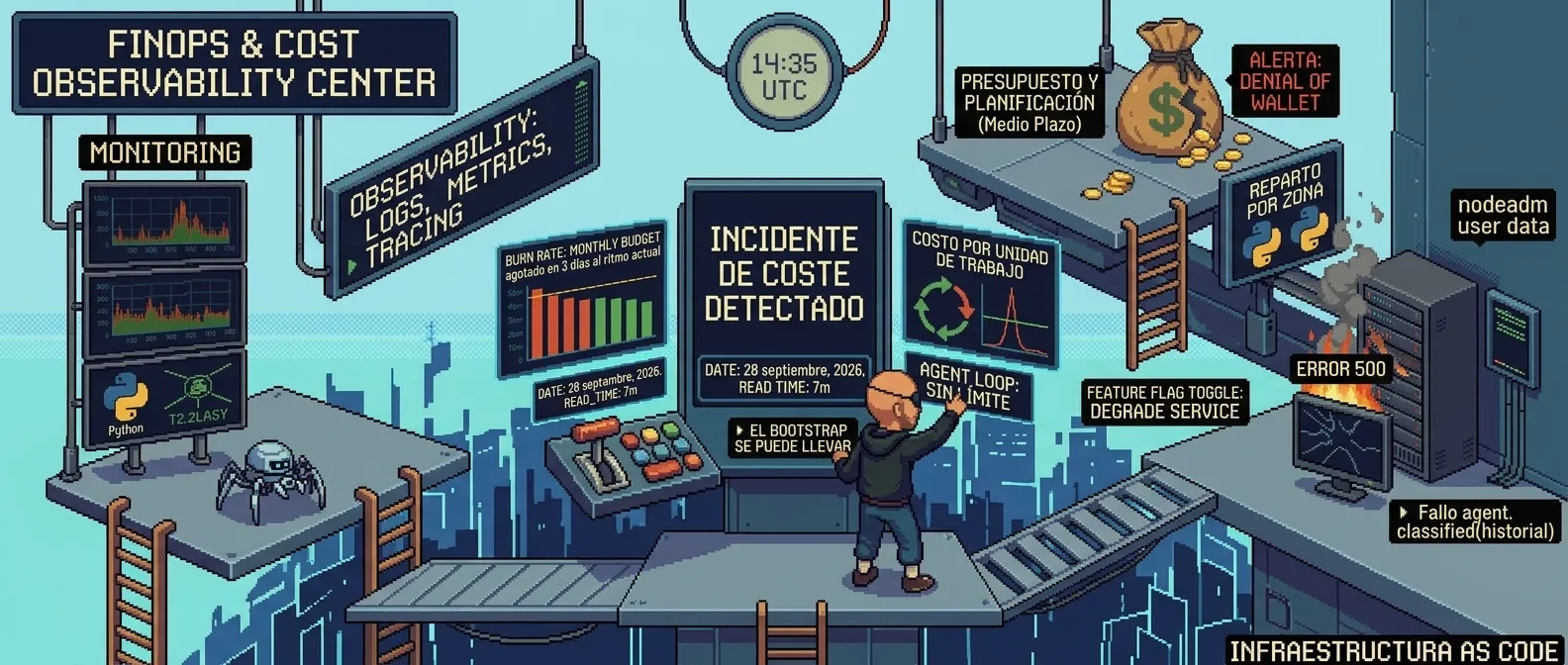 Ilustración de un centro de FinOps y observabilidad de costes: un ingeniero con sudadera, de pie ante una pantalla que dice «incidente de coste detectado», junto a un panel de burn rate que agota el presupuesto mensual en tres días y otro de coste por unidad de trabajo; al fondo, un saco de dinero rajado que pierde monedas bajo una alerta de «denial of wallet» y un servidor en llamas con ERROR 500