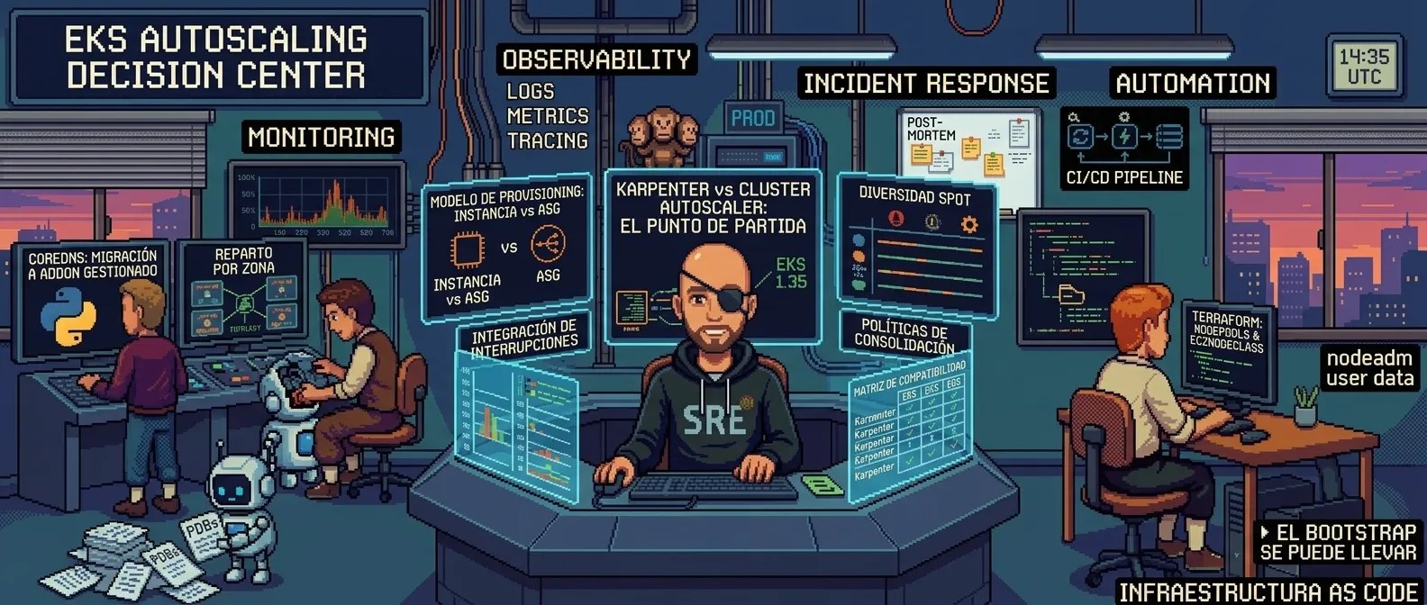 Ilustración de un centro de decisión de autoscaling en EKS: un ingeniero con parche en el ojo y sudadera SRE, rodeado de paneles holográficos que comparan Karpenter y Cluster Autoscaler (modelo de provisioning, diversidad spot, integración de interrupciones, políticas de consolidación y matriz de compatibilidad); a su alrededor, compañeros trabajan en la migración de CoreDNS a addon gestionado, el reparto por zona y Terraform con NodePools y EC2NodeClass, con dos robots y una pila de PDBs en el suelo