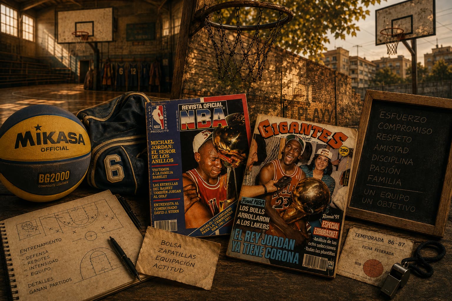 Bodegón de baloncesto: un balón Mikasa, una bolsa con el número 6, la Revista Oficial NBA y la Gigantes con Michael Jordan campeón, una ficha federada de la temporada 86-87 y una pizarra, con un pabellón y una canasta de calle al fondo.