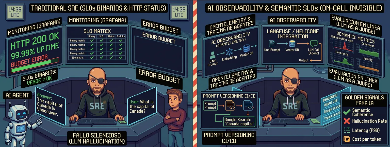 Ilustración titulada «Cuando el sistema no falla: silent LLM failures & AI observability», partida en dos: a la izquierda, el SRE tradicional ve HTTP 200, 99,99 % de uptime y una matriz de SLOs en verde mientras un agente de IA responde que la capital de Canadá es Vancouver; a la derecha, el mismo ingeniero con parche en el ojo trabaja con trazas de OpenTelemetry, Langfuse, evaluación en línea con un LLM como juez y golden signals para IA como la tasa de alucinaciones y el coste por token