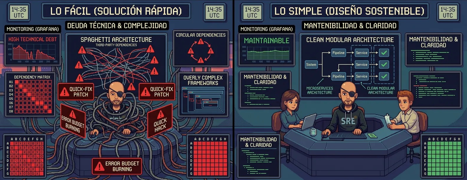Ilustración titulada «Que lo simple triunfe sobre lo fácil», partida en dos: a la izquierda, lo fácil, un ingeniero con parche en el ojo atrapado entre cables bajo una arquitectura espagueti, dependencias circulares, parches rápidos y un error budget ardiendo; a la derecha, lo simple, el mismo ingeniero trabaja tranquilo con su equipo ante una arquitectura modular limpia, una gráfica estable y una matriz en verde